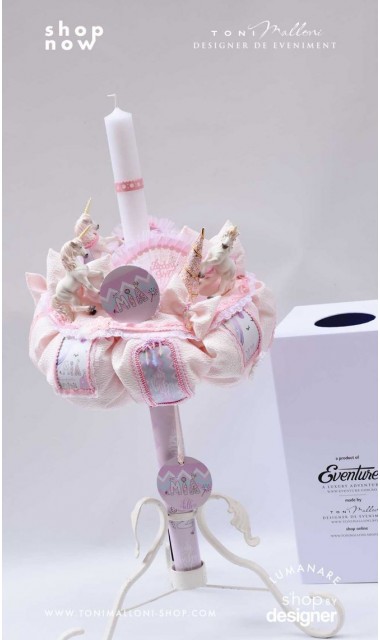 Lumanare de botez cu unicorni glam chevron pattern in roz si lila Posh Unicorn 2020 3